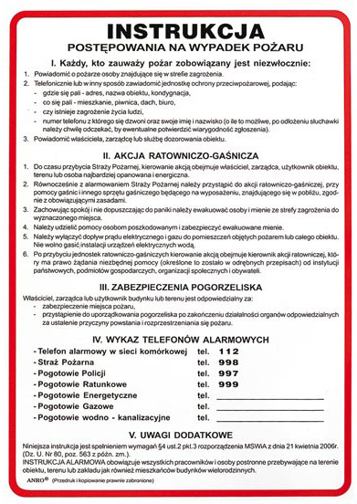 Tablica PCV Instrukcja postępowania na wypadek pożaru - 250 x 350 mm